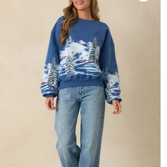 Daydreamer Tops - Daydreamer LA Red Dress Ski Dark Blue Multi Cotton Crewneck Sweatshirt S/M NEW